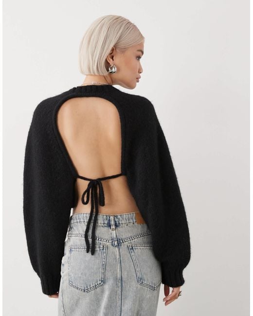 Monki Black Open Tie Back Knitted Jumper With Wool