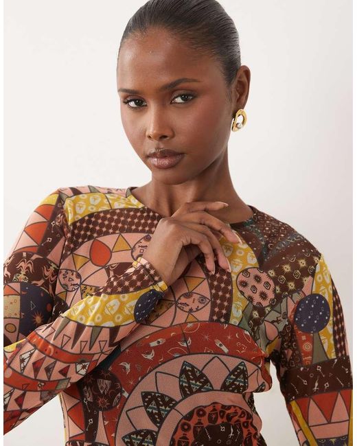 Never Fully Dressed Brown Mesh Round Neck Long Sleeve Top