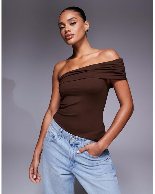 ASOS Gray Polyamide One Shoulder Bardot Top With Asymmetric Hem