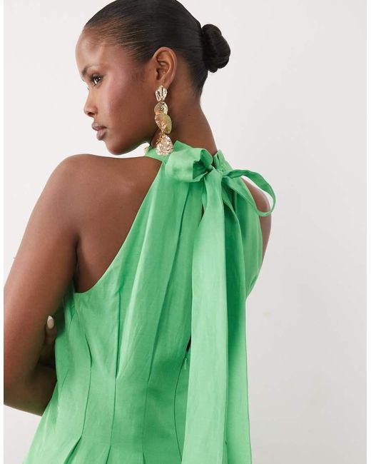 Forever New Green Linen Blend Pleat Detail Halter Midi Dress