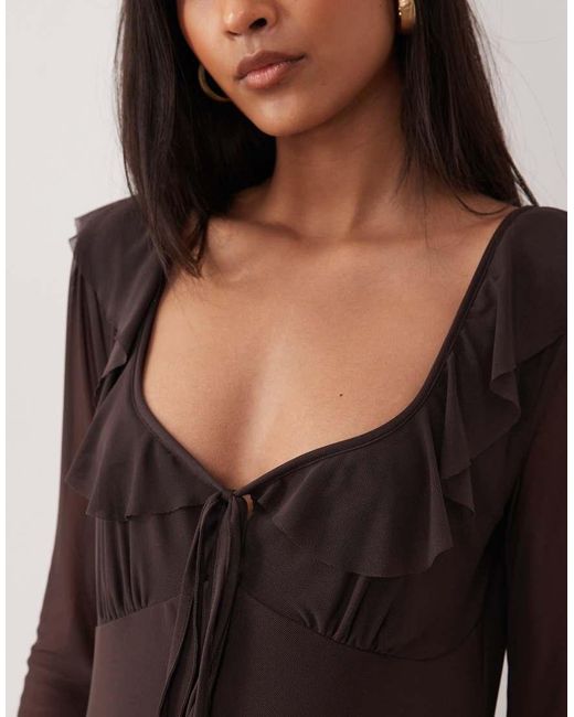 ASOS Brown Frill Neckline Mesh Long Sleeve Midi Dress