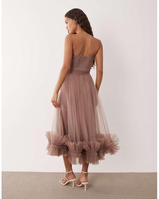 LACE & BEADS Brown Tulle Bandeau Midi Dress With Frill Hem
