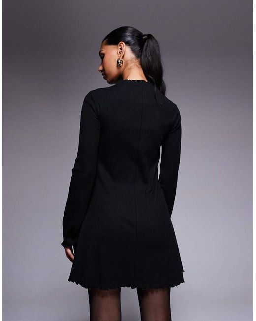 ASOS Blue Ribbed Long Sleeve Lettuce Hem Mini Dress