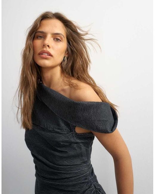 TOPSHOP Black X Cara Denim Asymmetric Off Shoulder Mini Dress