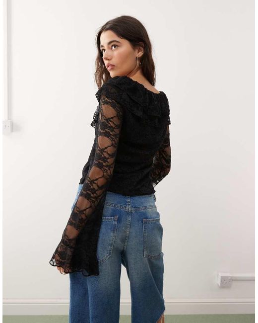 Reclaimed Vintage Black Long Angel Sleeve Lace Top With Ruffles Neckline