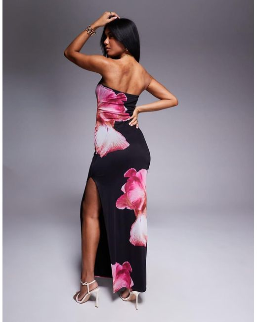 Kaiia White Exclusive Double Layered Slinky Mesh Floral Thigh Split Bandeau Maxi Dress