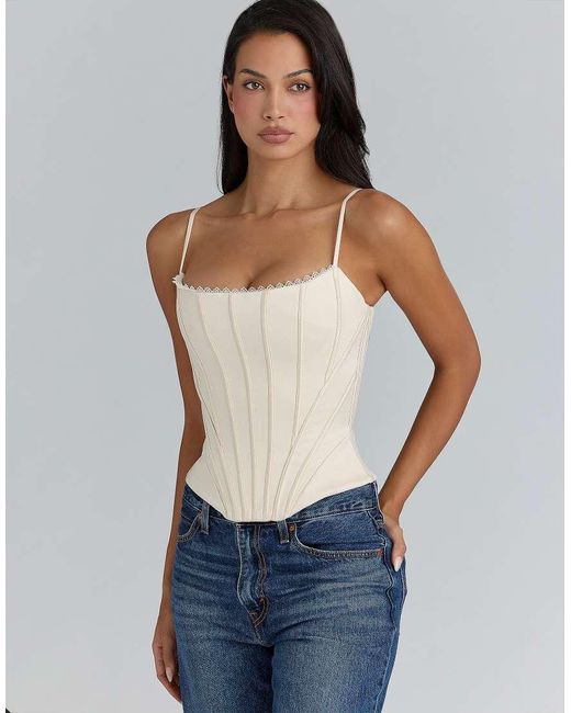 House Of Cb Blue Cadie Cream Satin Corset Top
