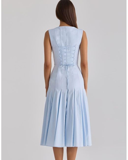 House Of Cb Blue Soretta Pleated Lace Up Cotton Midi Dress