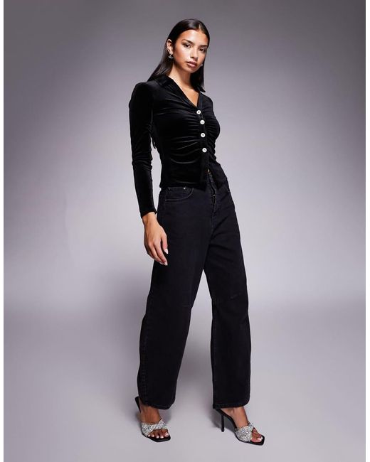 New Look Black Velvet Diamante Button Shirt