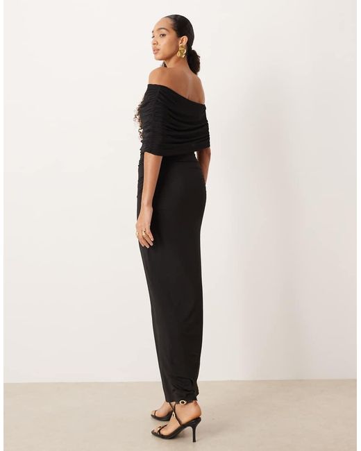 SNDY'S Red Mesh Bardot Sleeve Ruched Waist Maxi Dress