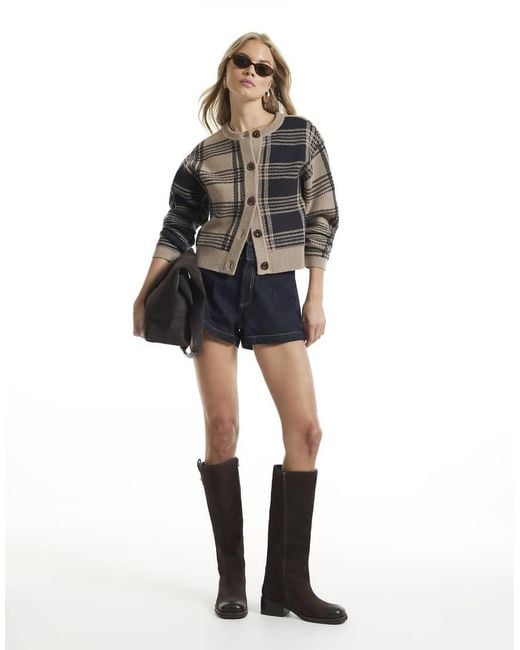 River Island Gray Banana Sleeve Knit Check Cardigan