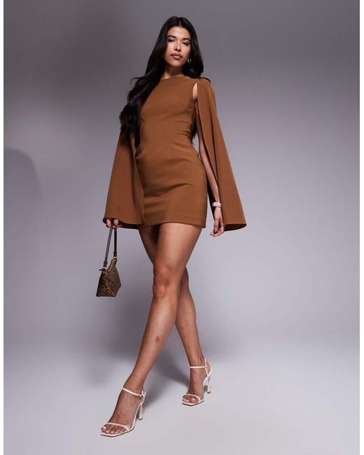 TFNC London Brown Crepe Mini Dress With Cape Shoulders