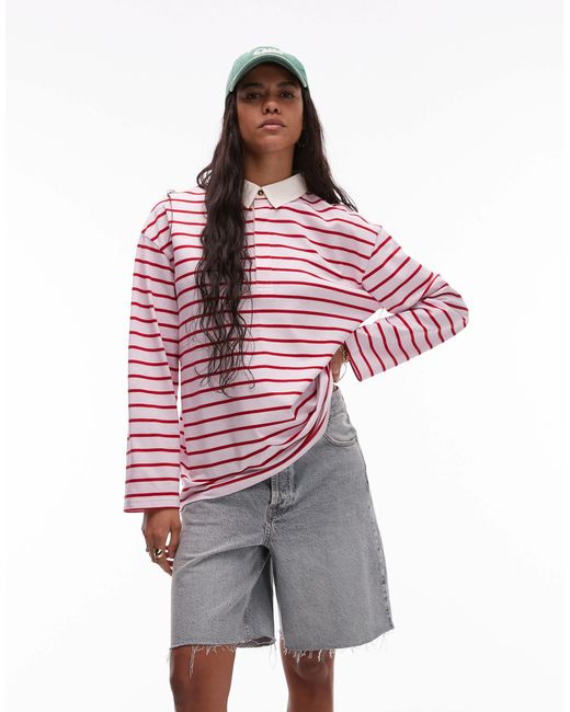 TOPSHOP Red Stripe Long Sleeve Polo Top