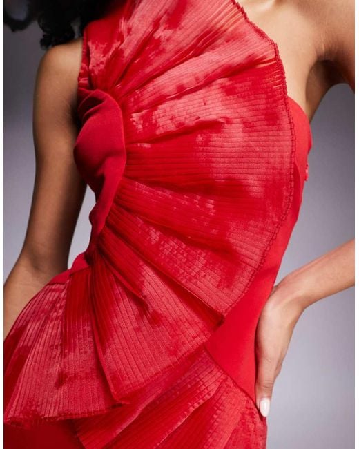 Goddiva Red One Shoulder Pleated Fan Maxi Dress