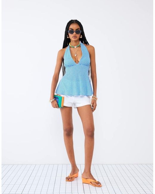 River Island Blue Gingham Halter Neck Top