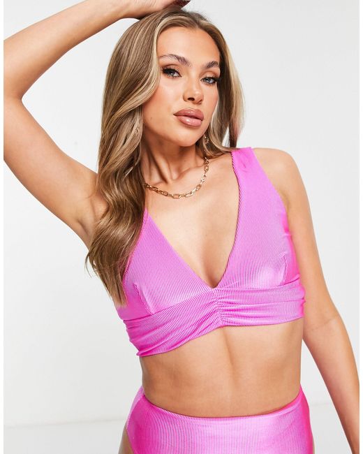 Asos Mix And Match Mirror Satin Rib Deep Band Ruched Crop Bikini Top In Pink Lyst 6979