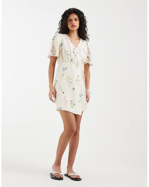 Vero Moda Natural Flutter Sleeve Wrap Front Mini Dress