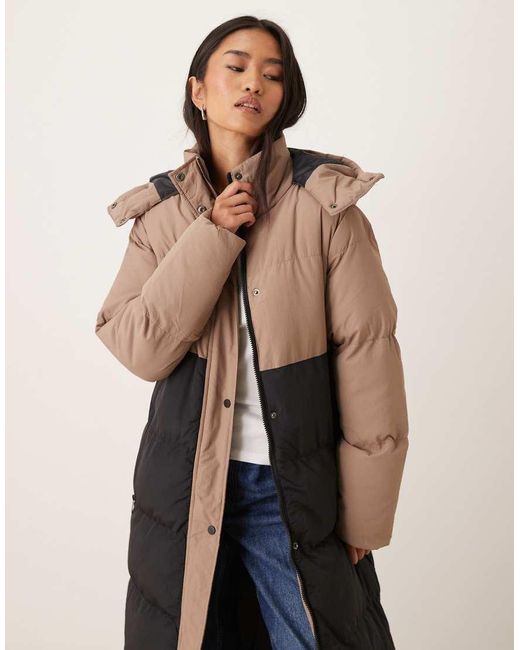 Brave Soul Brown Colourblock Maxi Hooded Puffer Jacket