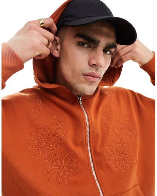 Sudadera marrón extragrande con capucha, cremallera y bordado floral ASOS de hombre de color Orange