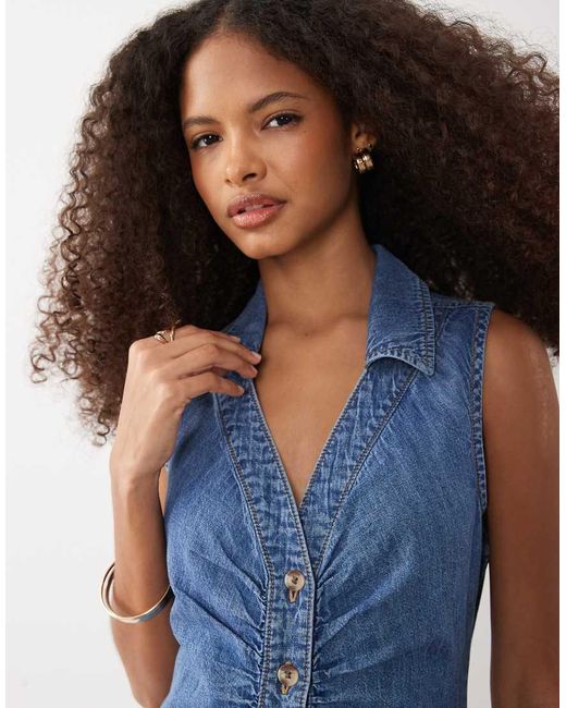 New Look Blue Sleeveless Ruched Denim Midi Dress