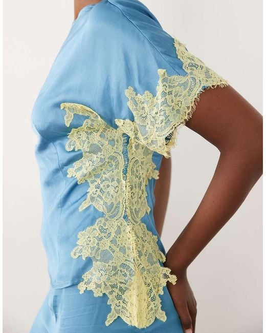 Never Fully Dressed Blue Kira Satin Slash Neck Asymmetric Short Sleeve Lace Detail Top Co-Ord