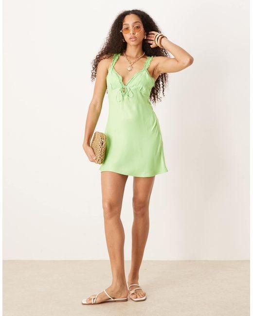 ASOS Green Frill Detail Cami Satin Slip Mini Dress