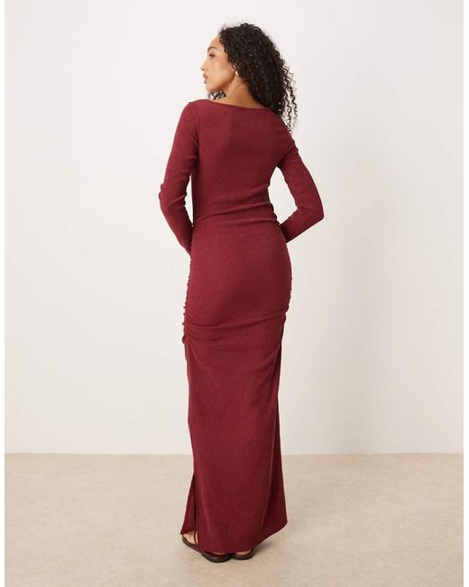 ASOS Red Slash Neck Long Sleeve Ruched Textu Midi Dress