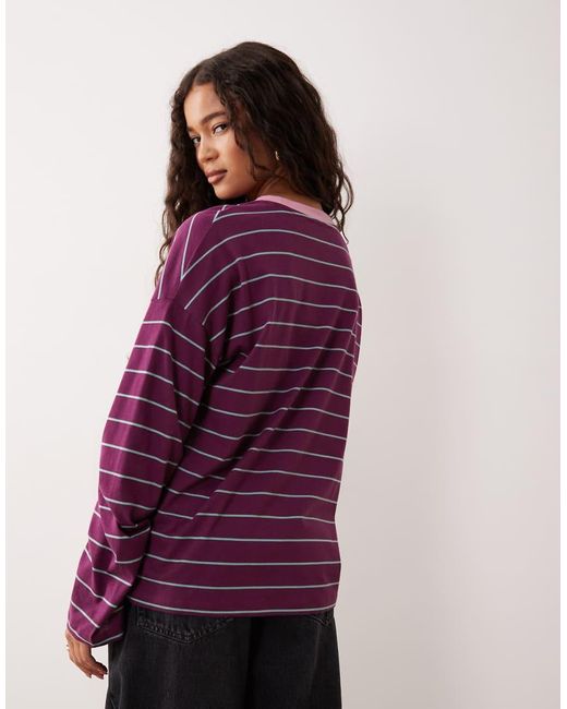 ASOS Purple Long Sleeve Stripe Top With Contrast Notch Crew Neck Detail