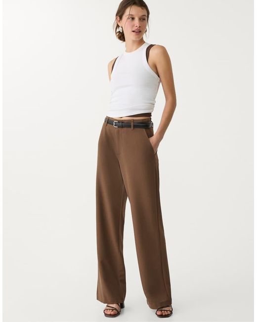 Stradivarius Brown Flowing Straight-leg Smart Trousers With Belt