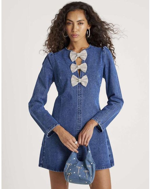 River Island Blue Denim Embellished Bow Mini Dress