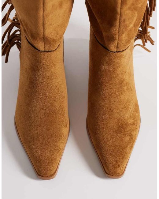 ASOS Brown Cressida Pull On Fringe Flat Knee Boots