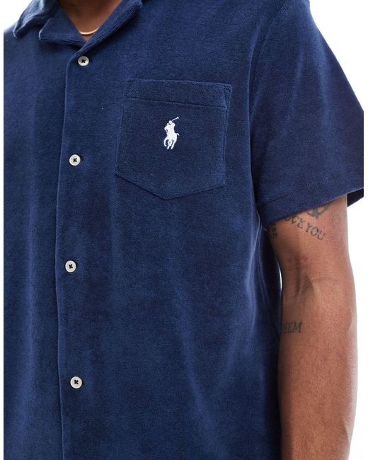 Polo Ralph Lauren Blue Icon Logo Pocket Short Sleeve Lightweight Cotton Terry Revere Collar Shirt for men