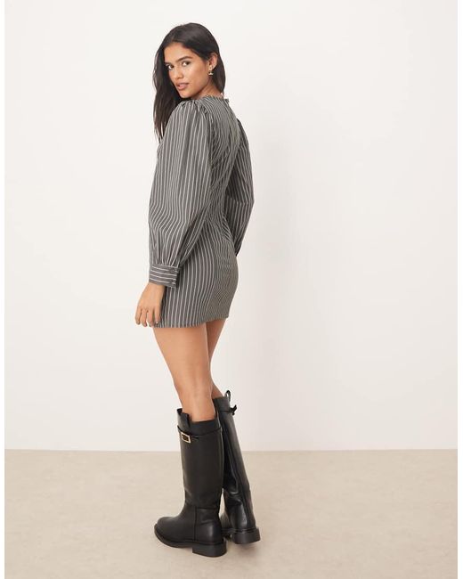 ASOS Gray Poplin Crew Neck Sculpted Mini Dress With Volume Sleeve