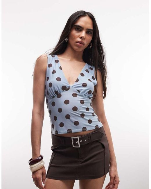 Reclaimed Vintage Blue Polka Dot Print V Neck Tank Top