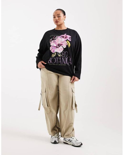 ASOS Black Asos Design Curve Long Sleeve T-shirt With Botanica Graphic