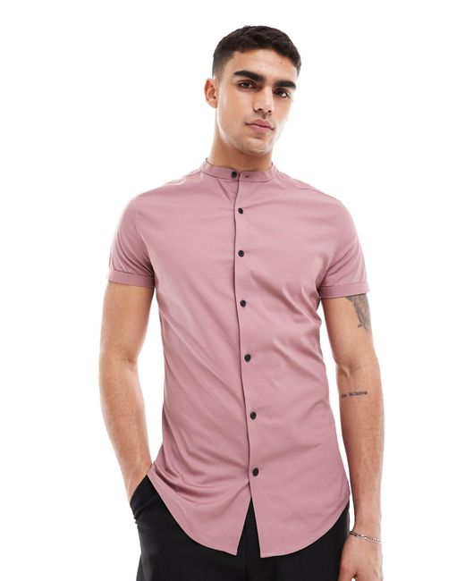 ASOS Pink Skinny Fit Shirt With Grandad Collar for men