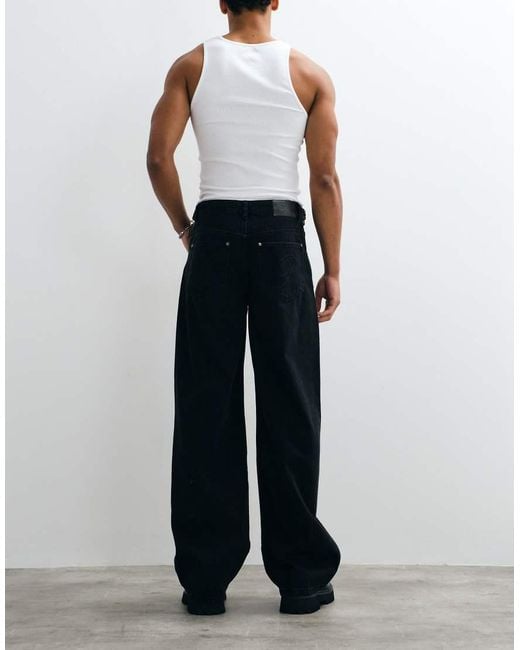 Liquor N Poker Black Baggy Fireman Clasp Detail Jeans for men