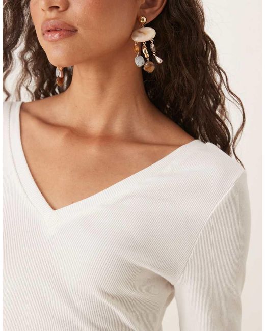 ASOS White V Neck Cinched Mini Rib Long Sleeve Top