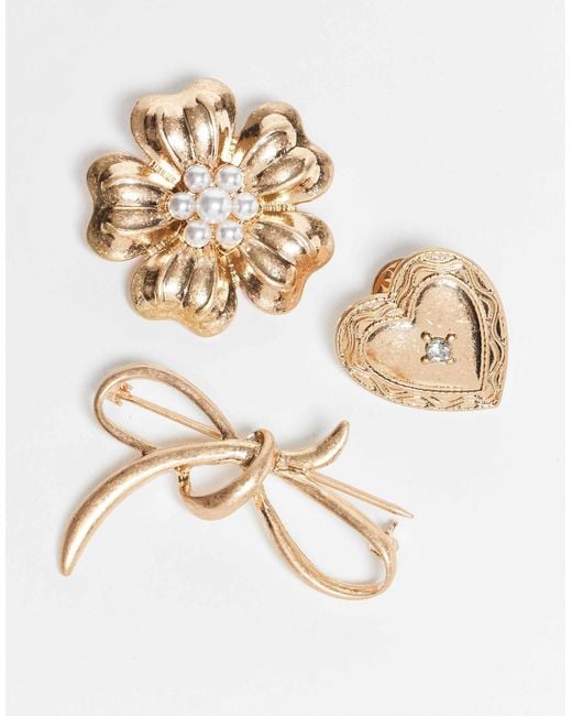 ASOS White Pack Of 3 Brooches With Flower, Bow And Heart Design