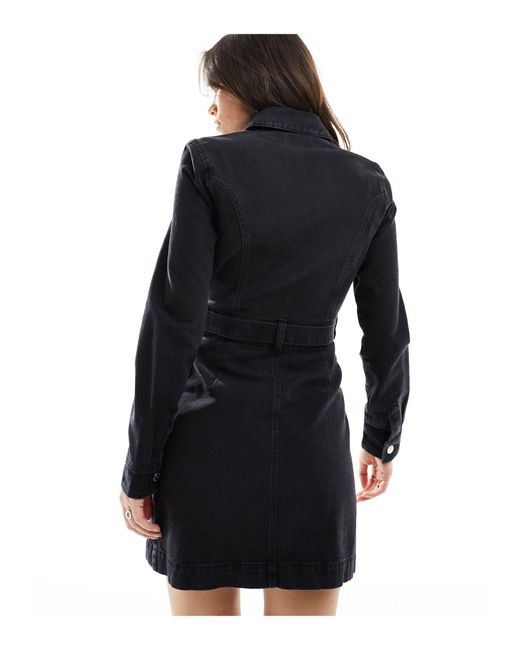 Miss Selfridge Black Denim Long Sleeve Mini Dress With Collar Detail
