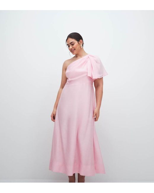 Forever New Pink Linen Mix One Shoulder Bow Detail Midi Dress