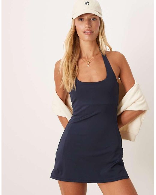 4505 Blue Active Halter Neck Tennis Dress With Under Shorts