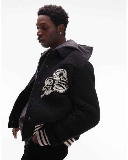 AllSaints Black Ambaum Graphic Patch Bomber Jacket for men
