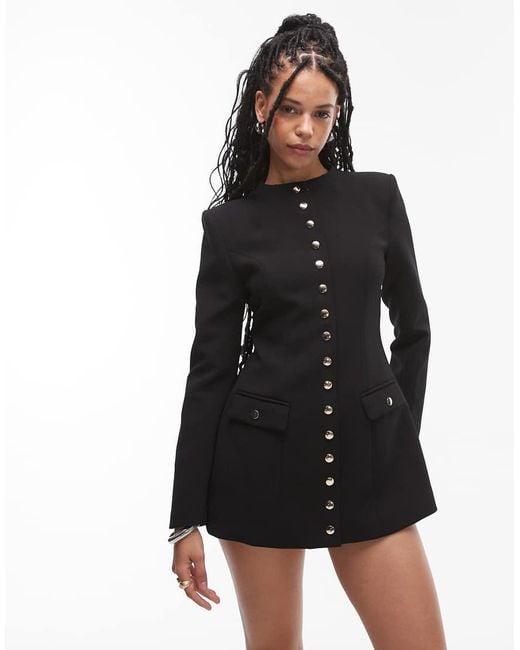 HEIRESS BEVERLY HILLS Black Button Through Long Sleeve Shoulder Pad Mini Dress