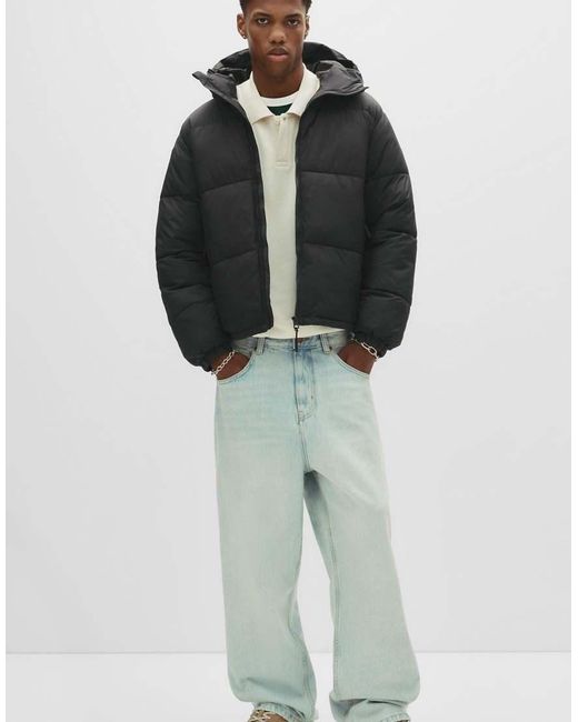 Pull&Bear Black Puffer Jacket With Hood for men