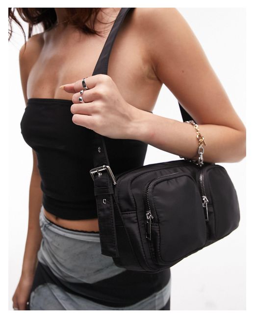 TOPSHOP Black Skye Multi Pocket Nylon Shoulder Bag