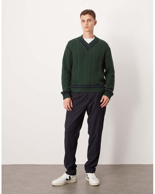 Abercrombie & Fitch Green Long Sleeve V Neck Stripe Detail Cable Knit Jumper for men