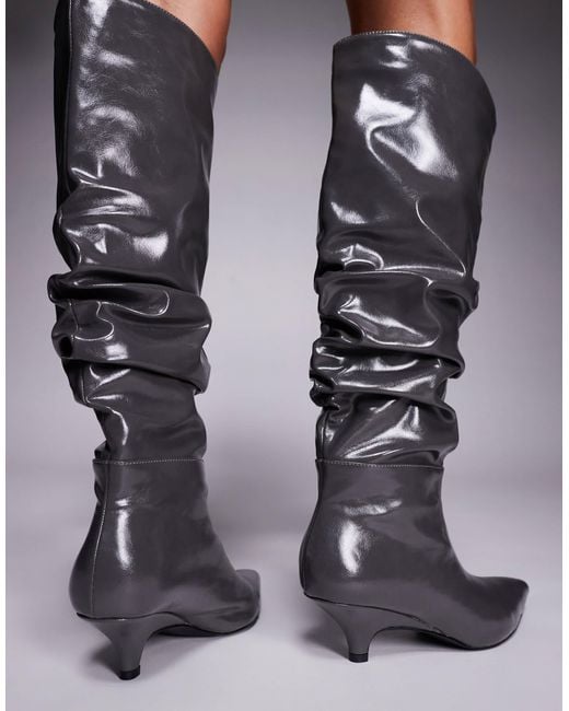 Public Desire Gray La Dolce Vita Ruched Kitten Heel Knee Boots