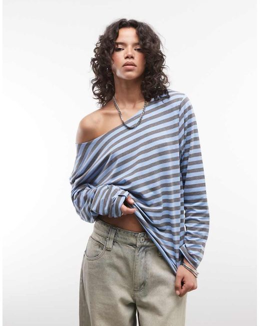 Collusion Blue Long Sleeve Off The Shoulder Stipe Top