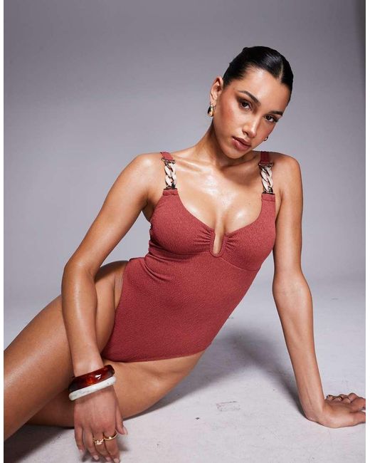 River Island Red Crinkle Swimsuit